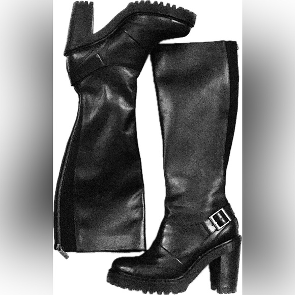 Dr. Martens Punk Goth EMO Moto Black Knee High Heeled Platform Zip Boots 10 42